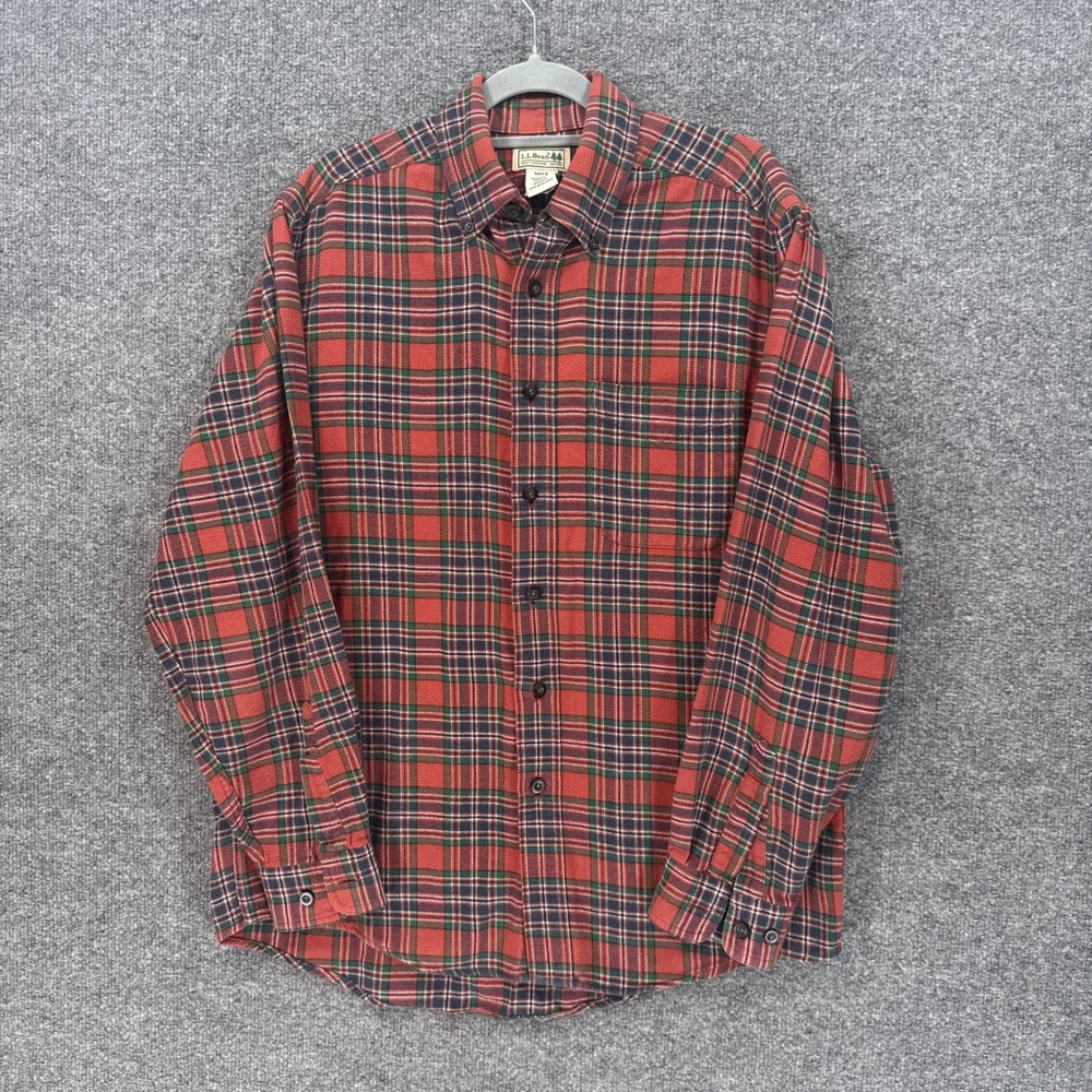 L.L Bean Flannel Shirt Mens Small Red Plaid Cotton Button Down Long Sleeve
